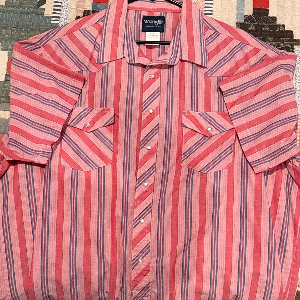 Wrangler Men's Pink and Blue Striped Button Down Shirt